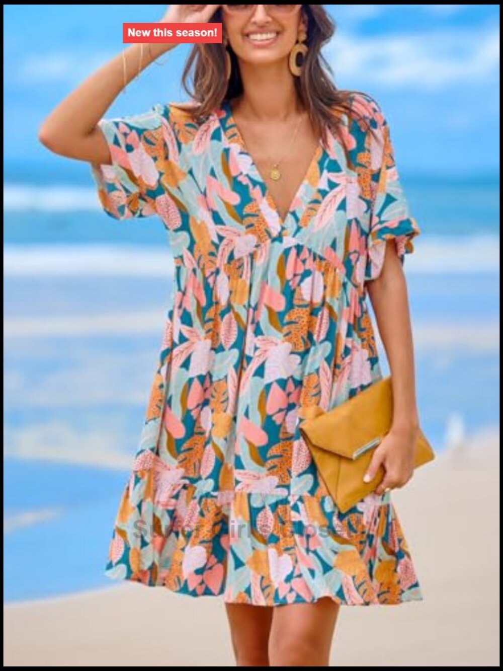Tropical Ruffled Mini Dress V-Neck Short Sleeve Rayon A-Line Summer Casual - Picture 7 of 7